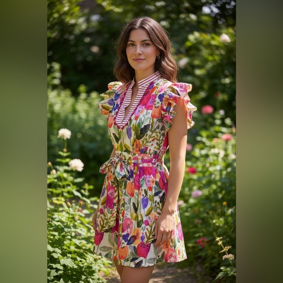 Vibrant Floral Ruffle Sleeve Dress - Picture 2 of 12